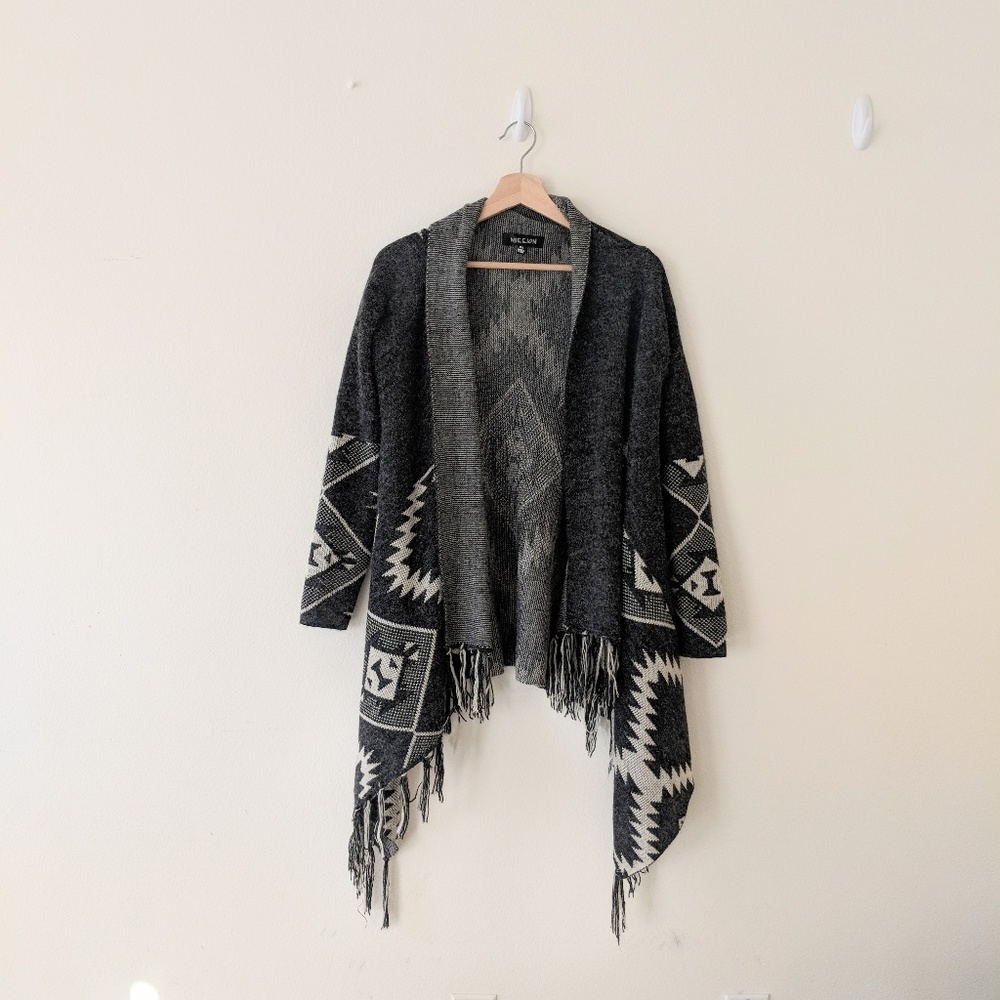 Wool Blend Bohemian Tribe Pattern Cardigan with Fringe